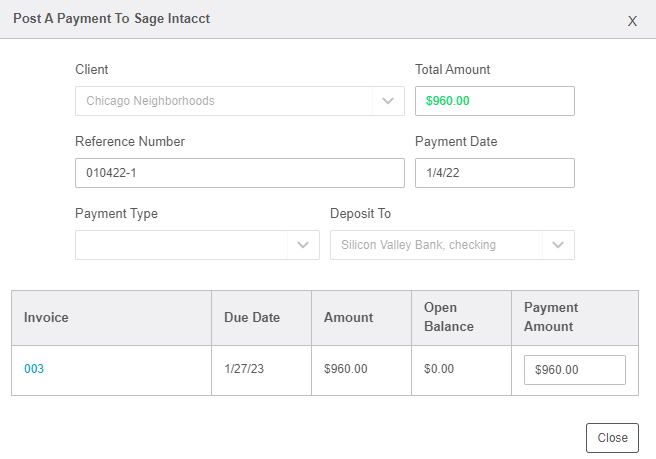 Sage Intacct Payment